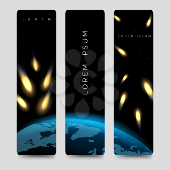 Bookmarks set with meteor shower and globe map vector