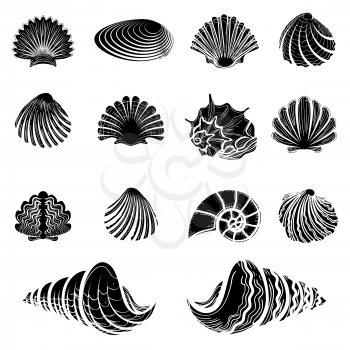 Black sea shells silhouettes collection isolated on white vector