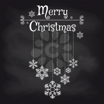 Christmas card design with snowflakes and lettering Merry Christmas on chalkboard background. Vector illustration
