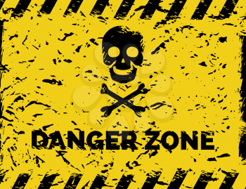 Danger zone grunge background with skull bones cross and danger tapes vector