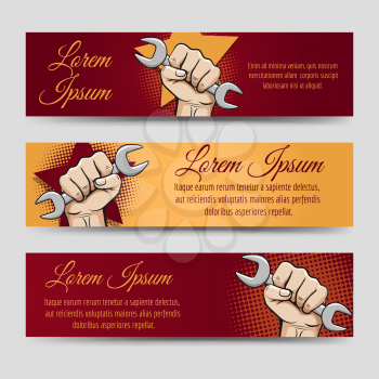 Labor day banners vector set - horizontal banners with working hand and wrench