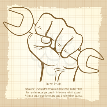 Working hand with wrench silhouette on vintage background - labor day poster vector