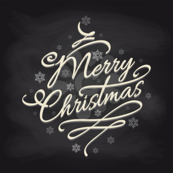 Christmas background with snowflakes and lettering on chalkboard. Vector illustration