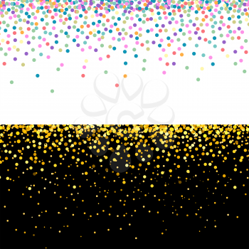 Confetti set vector. Bright multicolor and golden confetti banners design