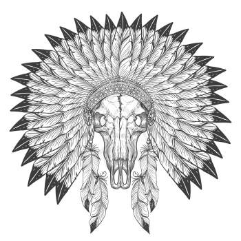 Buffalo skull sketch with indian feather headdress isolated on white background vector