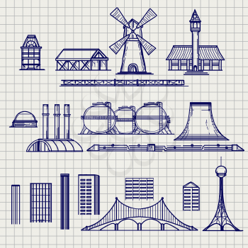 Country and city archetictural objects on notebook background vector