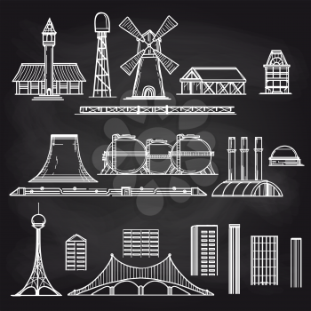 Country city and industrial objects on chalkboard background vector