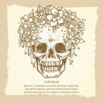 Skull sketch in roses wreath on vintage background - retro vector poster design