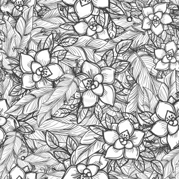 Boho seamless pattern with vector flowers and feathers
