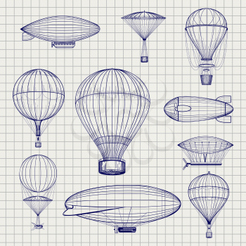 Hand drawn air hot balloons and airship zeppelins sketch on notebook page. Vector illustration