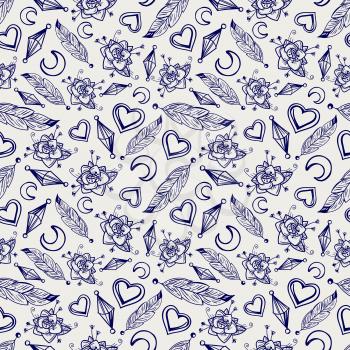 Hand drawn ball pen seamless pattern with vector feathers hearts moons flowers