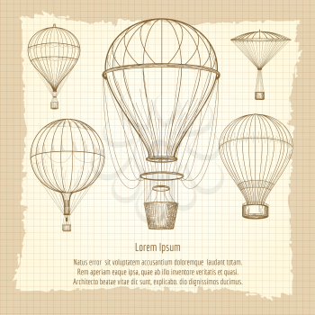 Hand drawn hot air balloons vintage poster design. Vecto illustration