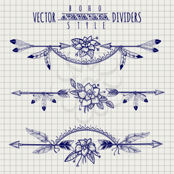 Boho style dividers with flowers and arrows on notebook page. Vector illustration