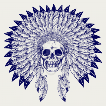 Ball pen sketch skull and native american headdress vector