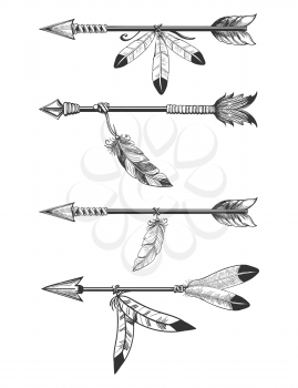 Hand drawn arrows with feathers and beads. Boho arrows isolated om white vector illustration