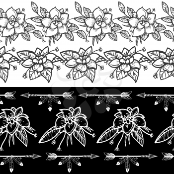 Seamless borders with flowers and feathers arrows. Vector illustration