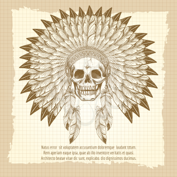 Vintage poster with men skull in feathers headdress vector illustration