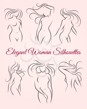 Six elegant long haired woman silhouettes drawn in a linear sketch style. For intimate hygiene and woman health, skin and hair and body caredesign. For diet and fitness illustration. Vector icons