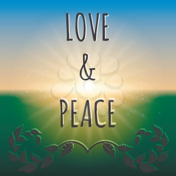Love and peace lettering and floral branches. Boho style vector background