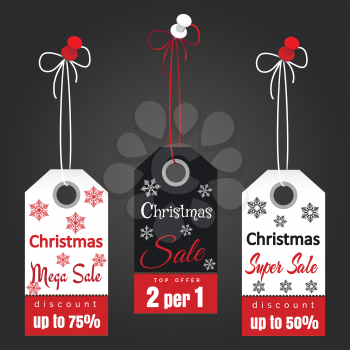 Christmas sale tags design with snowflakes on dark background. Vector illustration