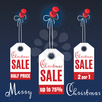 Christmas sale tags on winter backdrop and lettering Merry Christmas. Vector illustration