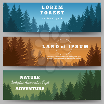 Green pines forest horizontal banners with pine trees vector illustration