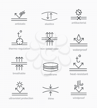 Fabric properties and garment material features icons. Vector illustration