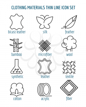Clothing materials thin line icons. Cotton and silk, fiber and bamboo fabric linear signs. Vector illustration