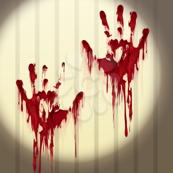 Bloody hand prints on a wall lit by flashlight. Vector illustration