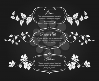 Hand drawn vintage frames with floral decorative elements. Vector wedding invitations doodles frame set with leaves