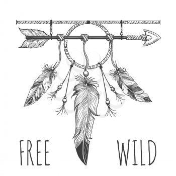 Native american accessory with arrow feathers and lettering free wild isolated on white. Vector illustration