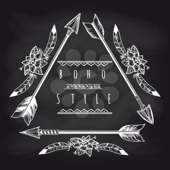 Boho style triangle frame from drawing arrows and feathers on blackboard background. Vector illustration