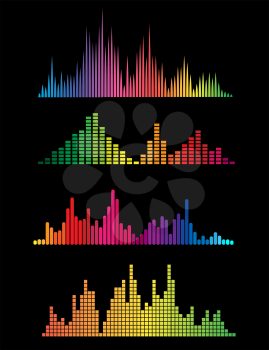 Colour music digital soundwaves isolated on black background. Vector illustration