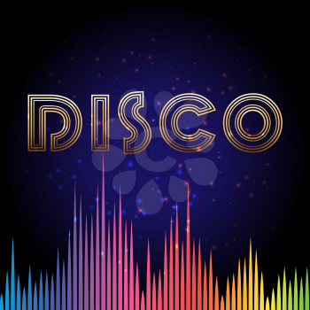 Disco background with rainbow colors soundwave and shining elements. Vector illustration