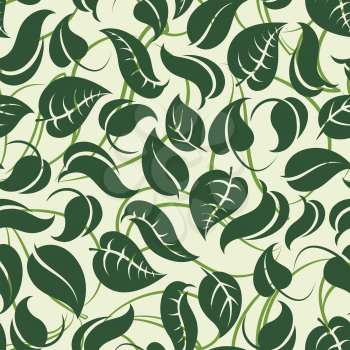 Green seamless pattern with outline and normal leaves. Vector illustration