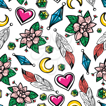 Colorful boho seamless pattern background with flowers hearts moons and diamonds. Vector illustration