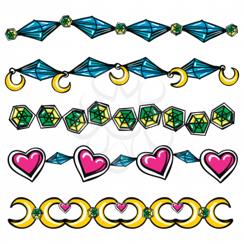 Hand drawn abstract borders with moon hearts and diamonds. Vector illustration
