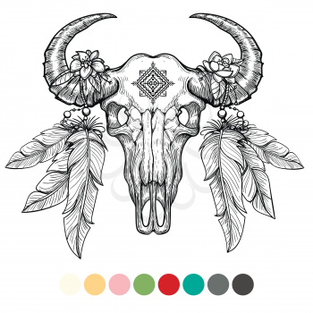 Hand drawn animal skull coloring design with color swatches on white background. Vector illustration