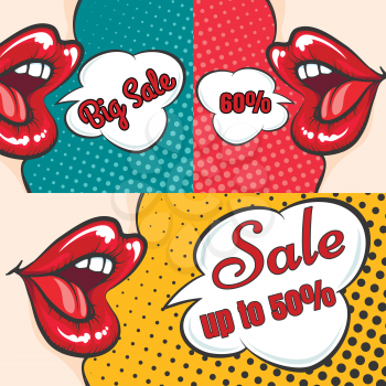 Pop art sale banners collection with woman lips and speech bubbles. Vector illustration