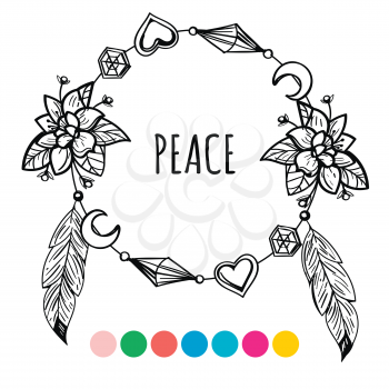 Vintage boho style coloring wreath and lettering sign peace. Vector illustration on white background