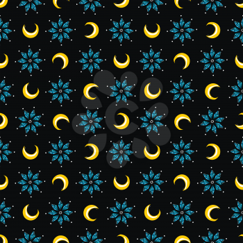 Magical seamless pattern with diamonds stars and moons on black backdrop. Vector illustration