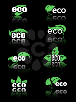 Ecology icon set with green leaves on black background. Vector illustration
