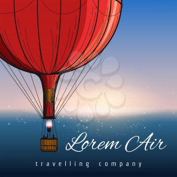 Hot air balloons travelling company poster. Hot air balloon flying over sparkling sea. Vector illustration