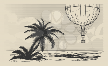 Hot air balloon flying over the sea shore. Traveling or air journey vector illustration in retro engraving style