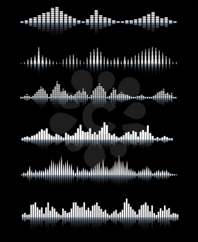 Vector sound waves with shadows on black background. Audio equalizer set. Vector illustration