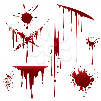 Bloody horror scruffy splatter. Blood drops, splashes and clots isolated on white background. Vector illustration