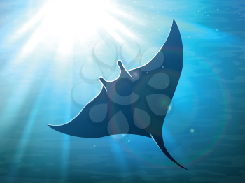 Dark manta ray in ocean deep water with light rays. Vector illustration