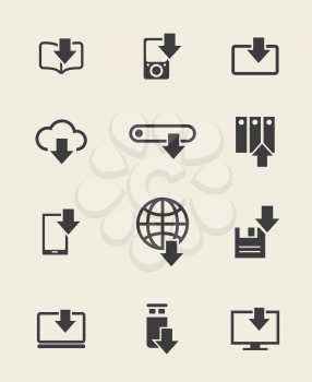 Different devices download icons and data loading arrow signs. Vector illustration