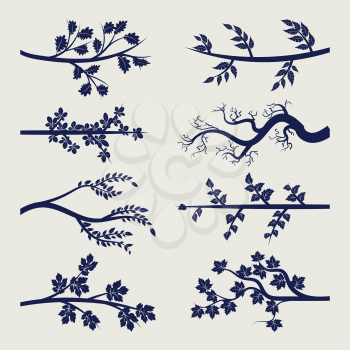 Ball pen drawing tree branches with leaves silhouette isolated on grey. Vector illustration