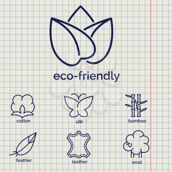 Eco-friendly fabric feature vector icons. Line icons of cotton wool silkleather and feather
